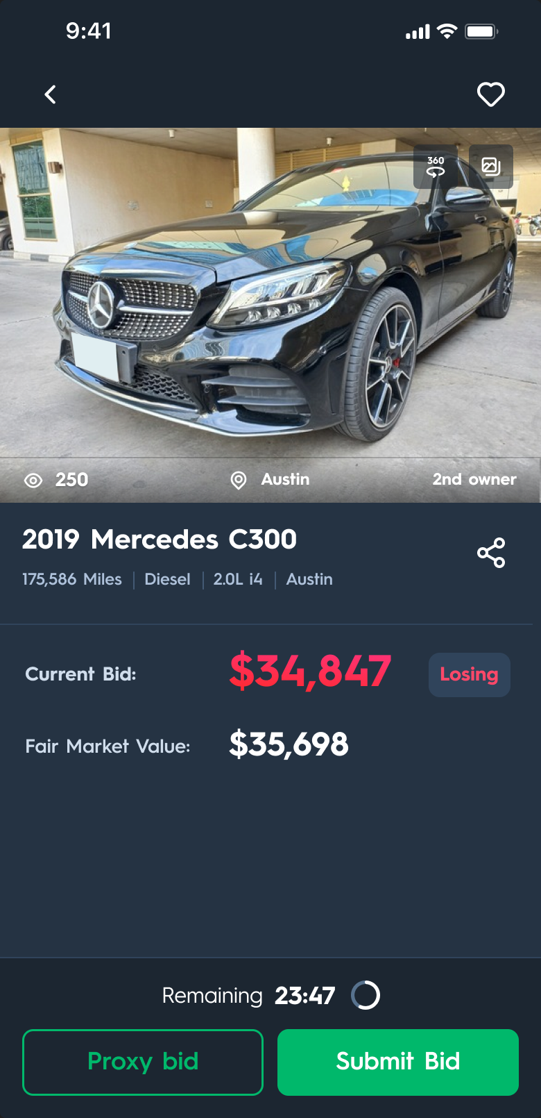 Carsparency Pro app — a car detail with the bid marked Losing in red