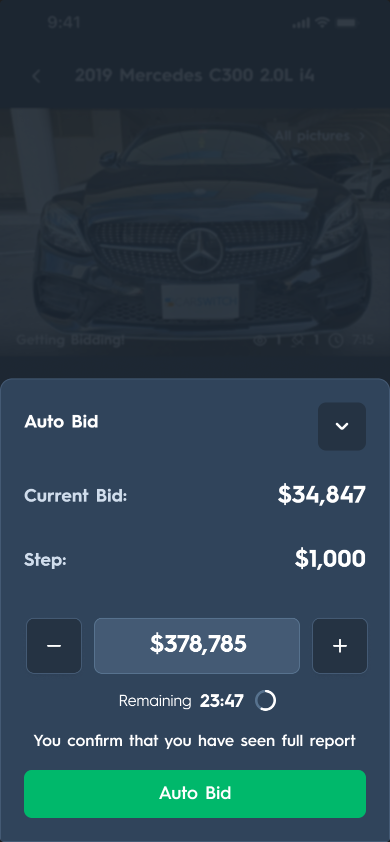 Carsparency Pro app — the proxy-bid sheet for setting a maximum bid