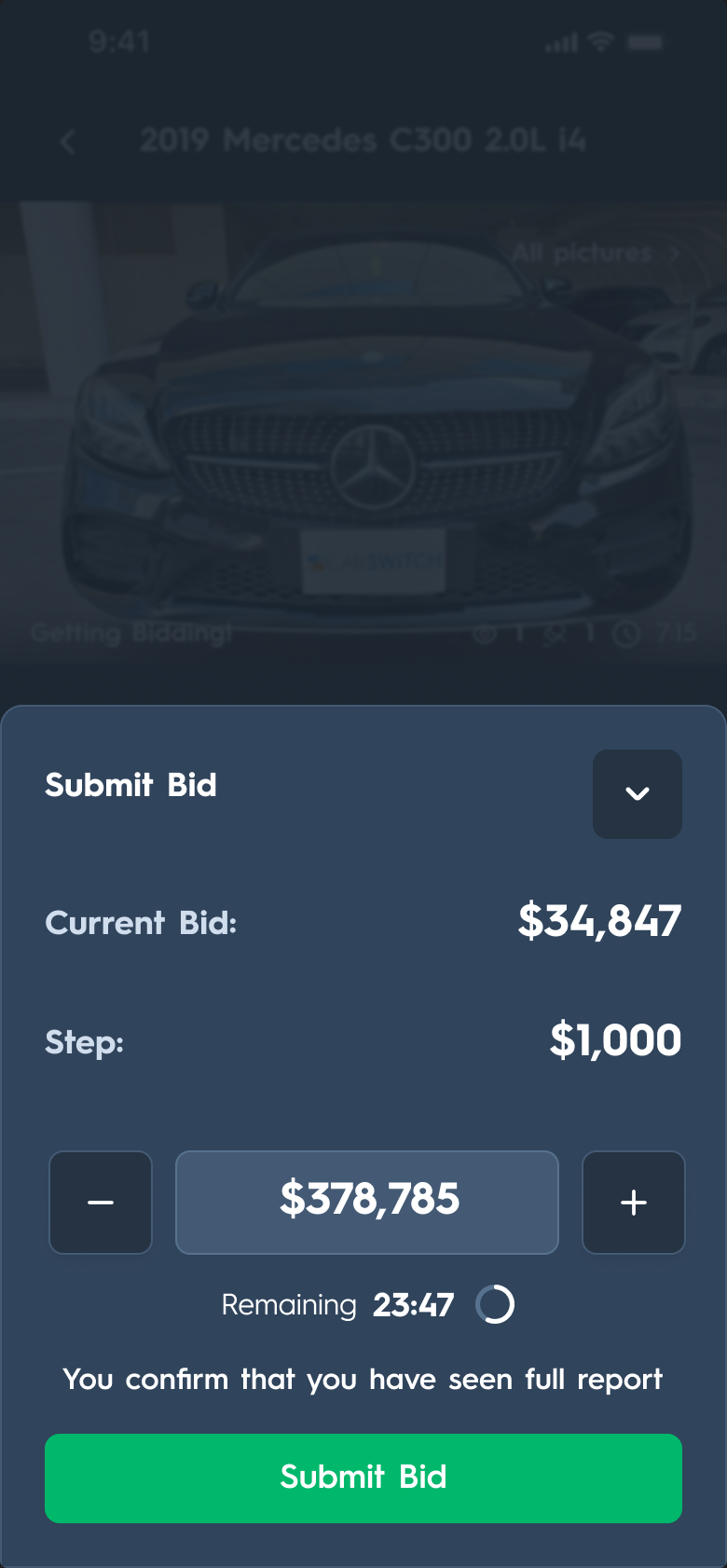 Carsparency Pro app — the submit-bid sheet over a car's detail page