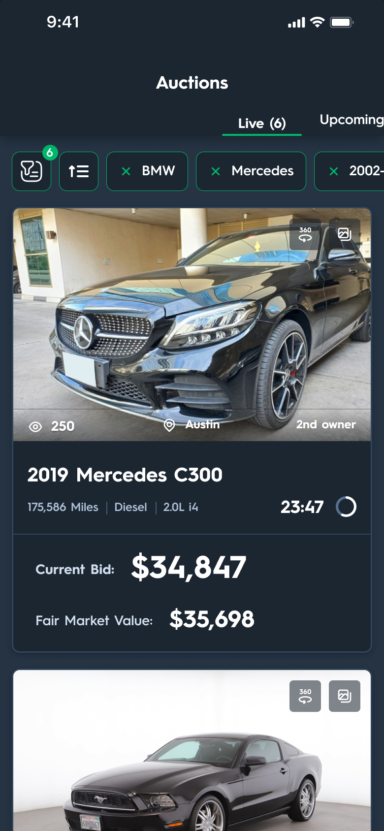 Carsparency Pro app — the live auction list filtered by make and year, each card showing a countdown, the current bid and its Fair Market Value