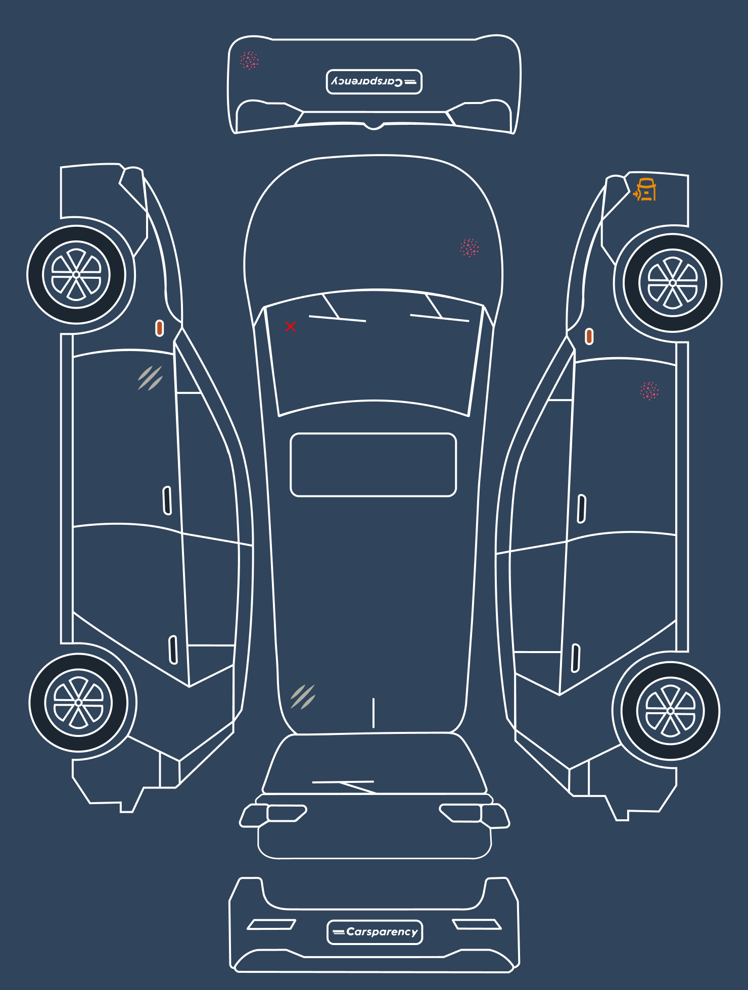 Carsparency Pro — an exploded line drawing of a car with the panels laid flat and damage glyphs for dents, scratches and paintwork
