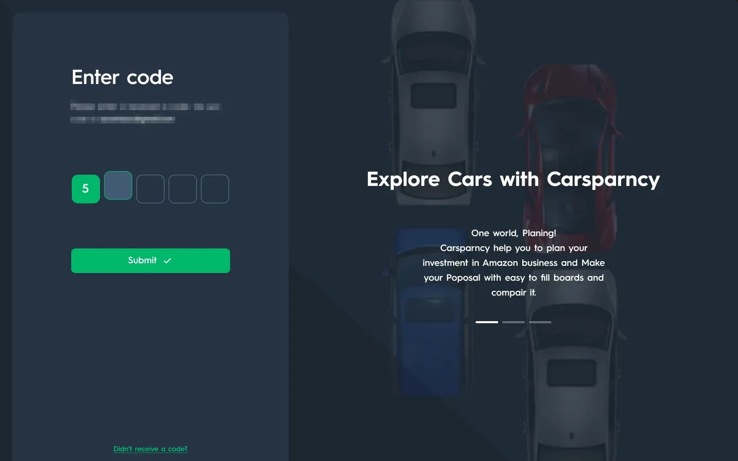 Carsparency Pro on desktop — Sign-in: Enter the code, with the sample email and phone number pixelated