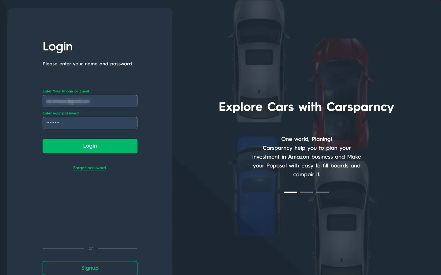 Carsparency Pro on desktop — Sign-in: Log in, with the sample email and phone number pixelated