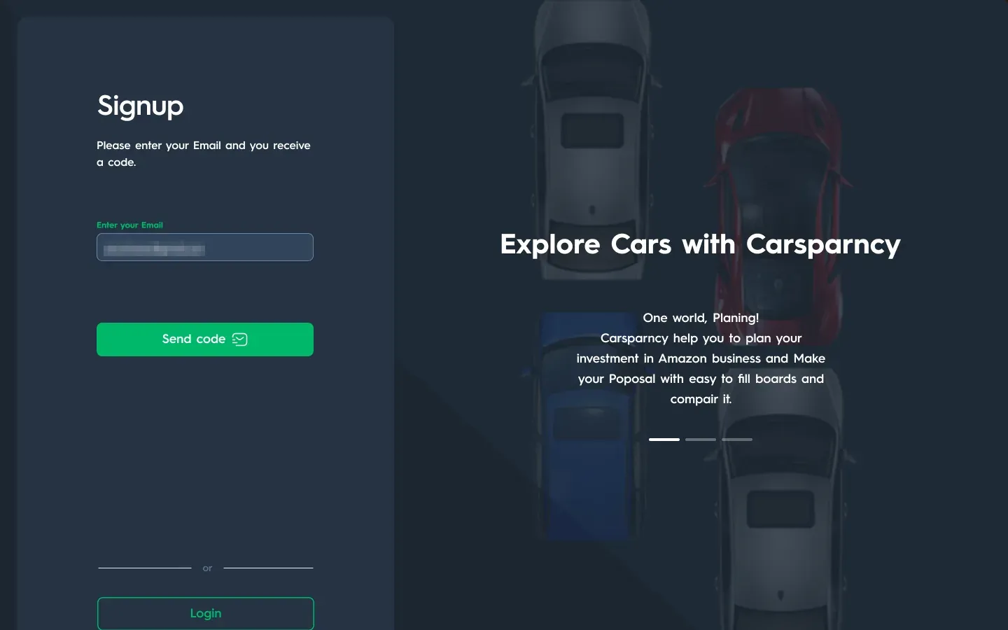 Carsparency Pro on desktop — Sign-in: Sign up, with the sample email and phone number pixelated