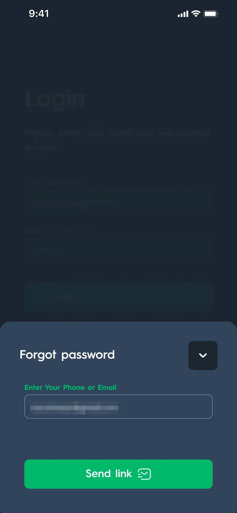 Carsparency Pro on a phone — Sign-in: Forgot password, with the sample email and phone number pixelated