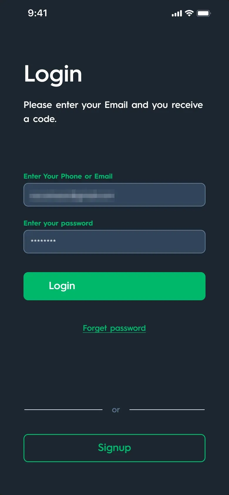 Carsparency Pro on a phone — Sign-in: Log in, with the sample email and phone number pixelated