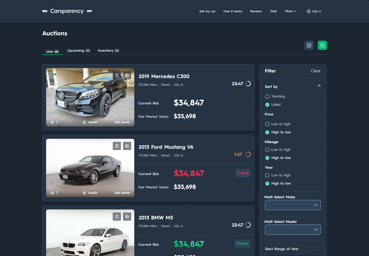 Carsparency Pro web — the desktop auction list with Live, Upcoming and Inventory tabs and a filter panel