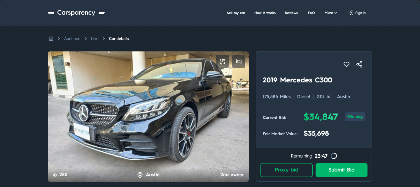 Carsparency Pro web — the car detail's price card with current bid, Fair Market Value, remaining time and proxy or direct bid