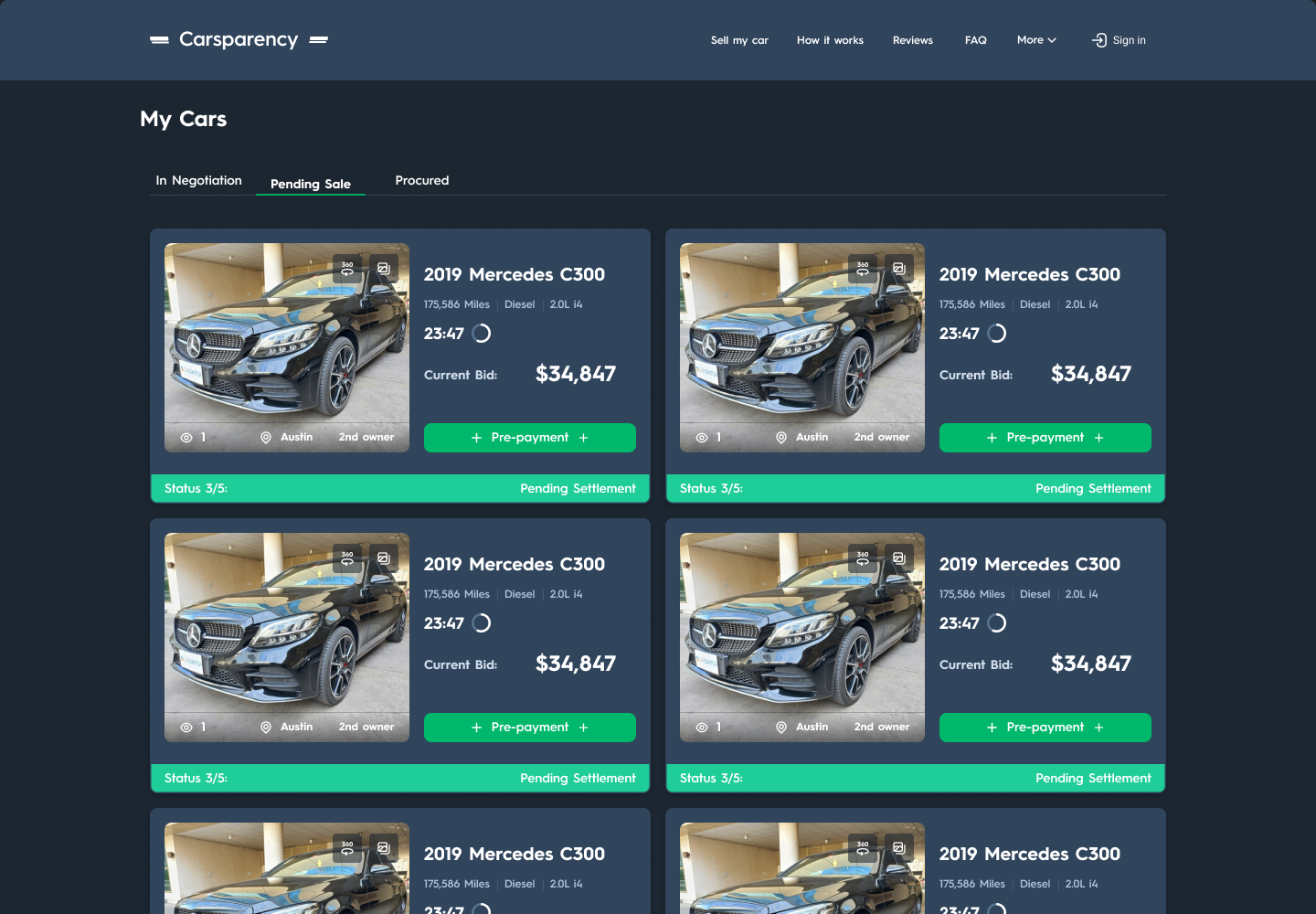 Carsparency Pro web — pending orders on desktop, each card labelled with its step, such as 3 of 5, pending settlement