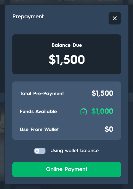 Carsparency Pro web — the pre-payment dialog showing balance due, funds available and wallet use before paying online