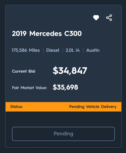 Carsparency Pro web — the same price card while the vehicle delivery is pending