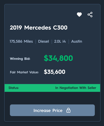 Carsparency Pro web — a price card in negotiation with the seller, with an Increase Price action