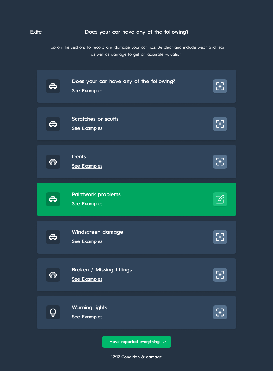 Carsparency Web — the condition checklist asking about scratches, dents, paintwork, windscreen, fittings and warning lights