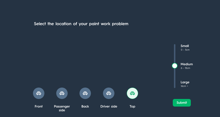 Carsparency Web — the damage locator: choose the side of the car and the size of the damage