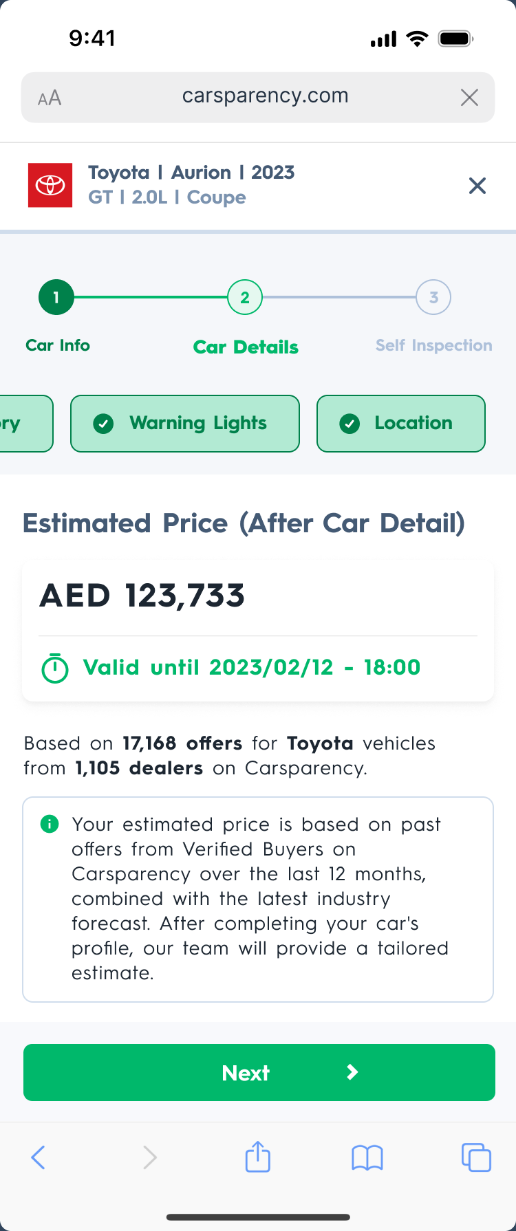 Carsparency Web — the estimated price again after the car details, with the three-step progress complete up to step two
