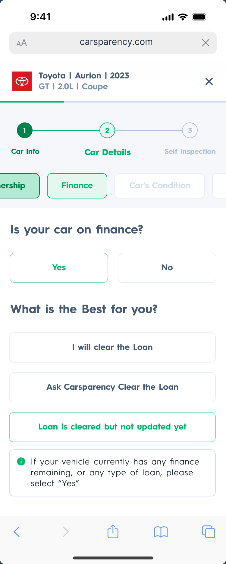 Carsparency Web — the finance question with three ways to resolve an outstanding loan