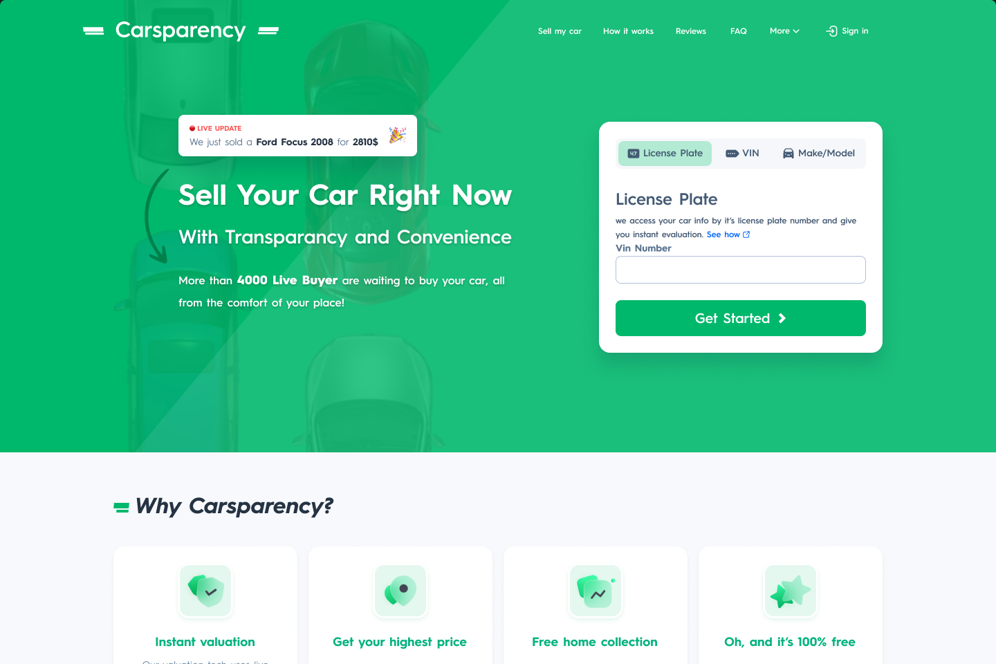Carsparency Web — the seller home page on desktop, with a valuation box offering licence plate, VIN or make and model