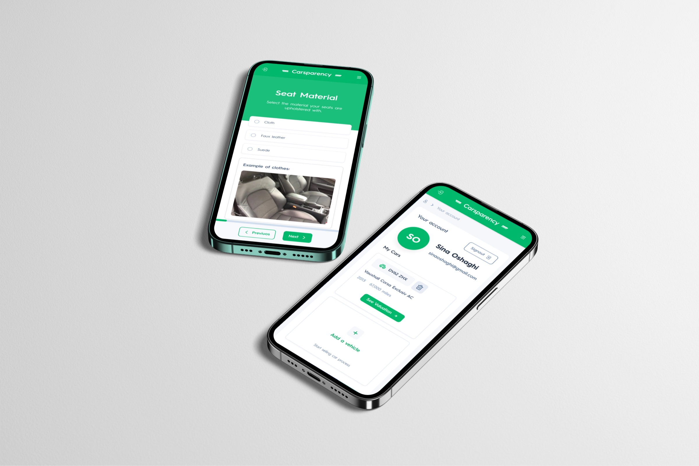 Carsparency Web — two phones on a light ground: a self-inspection question about seat material, and the seller’s account page with one saved car
