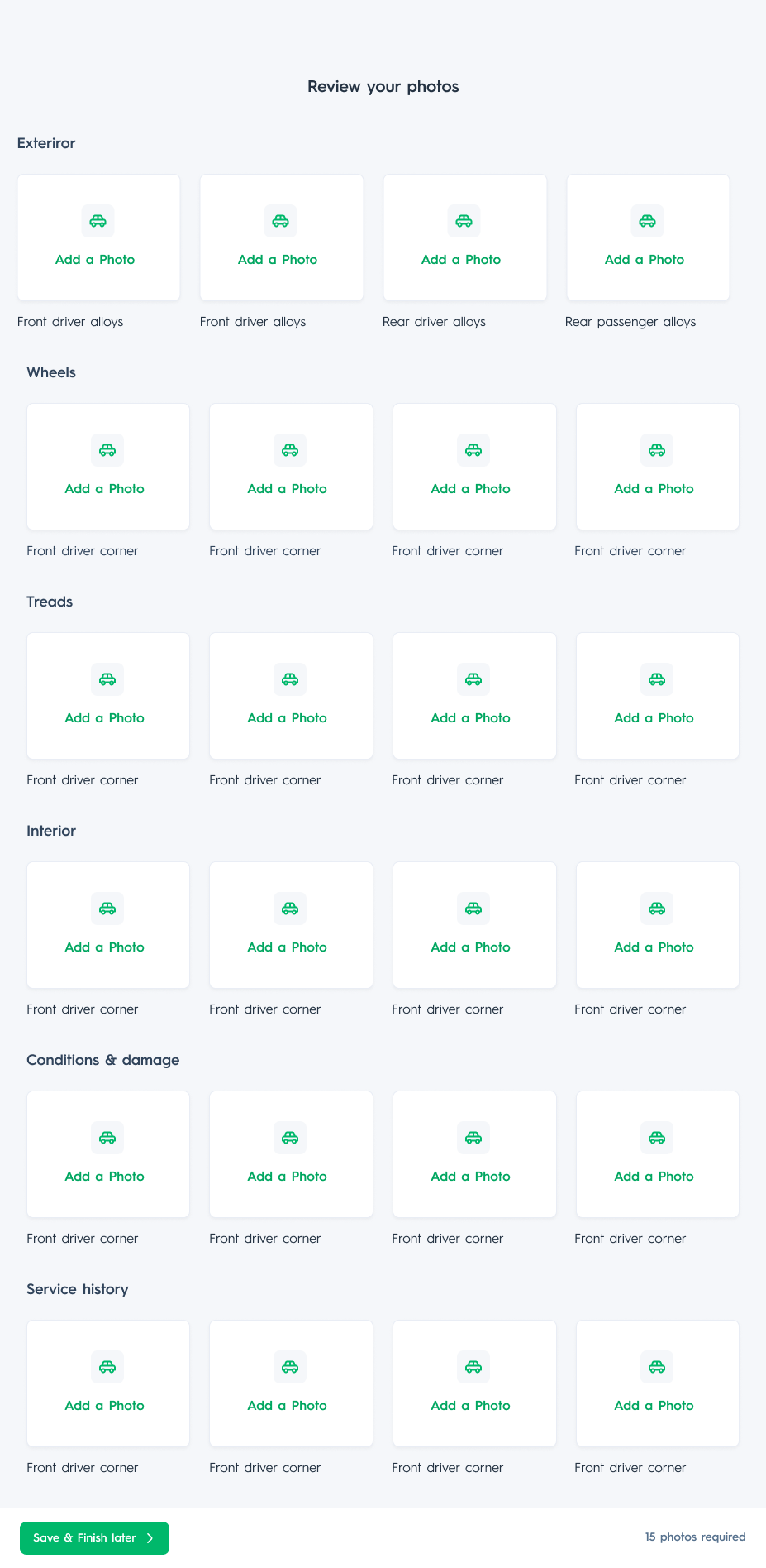 Carsparency Web — the photo review board grouped into exterior, wheels, treads, interior, conditions and damage, and service history