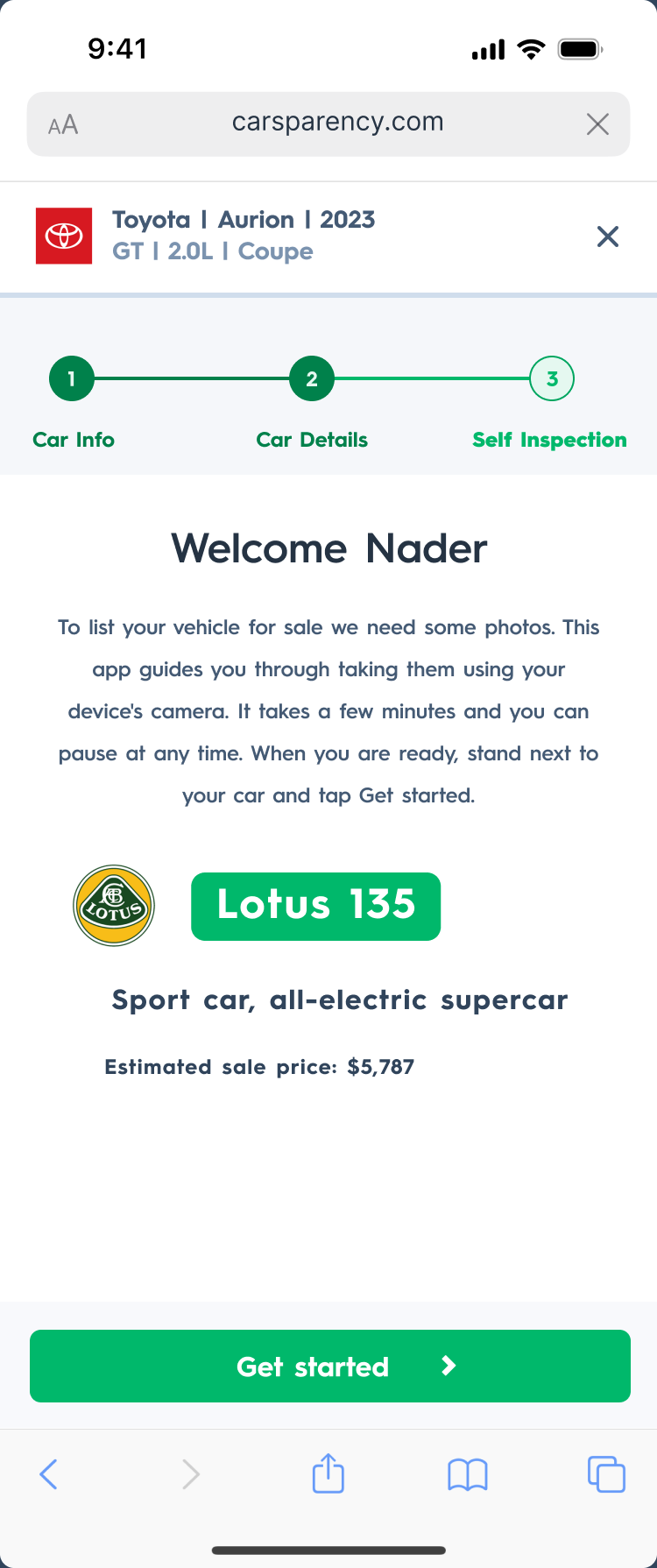 Carsparency Web — the self-inspection welcome screen for the seller's car