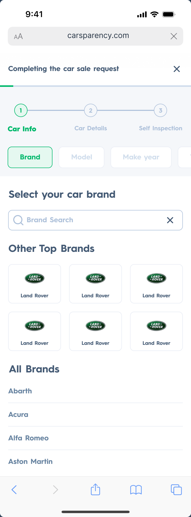 Carsparency Web — step one of the seller wizard on mobile: choosing the car's brand from top brands or a full list