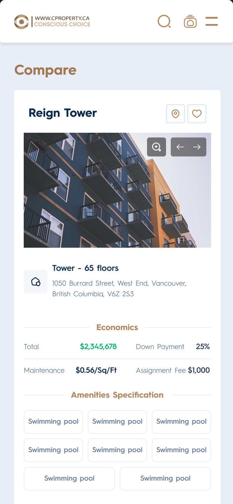CProperty — the compare page on a phone: a tower’s address, its economics and its amenities