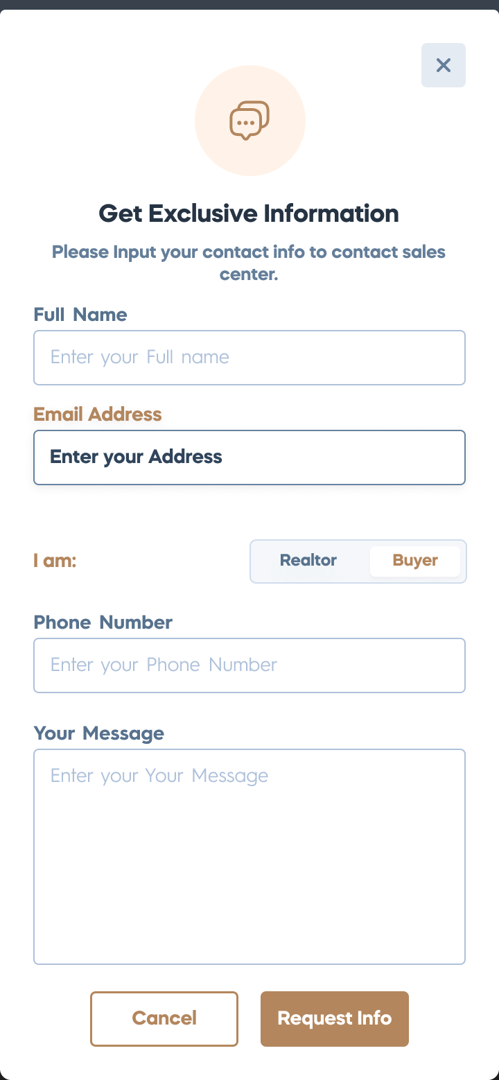 CProperty — the Get Exclusive Information form on a phone, with a switch for realtor or buyer