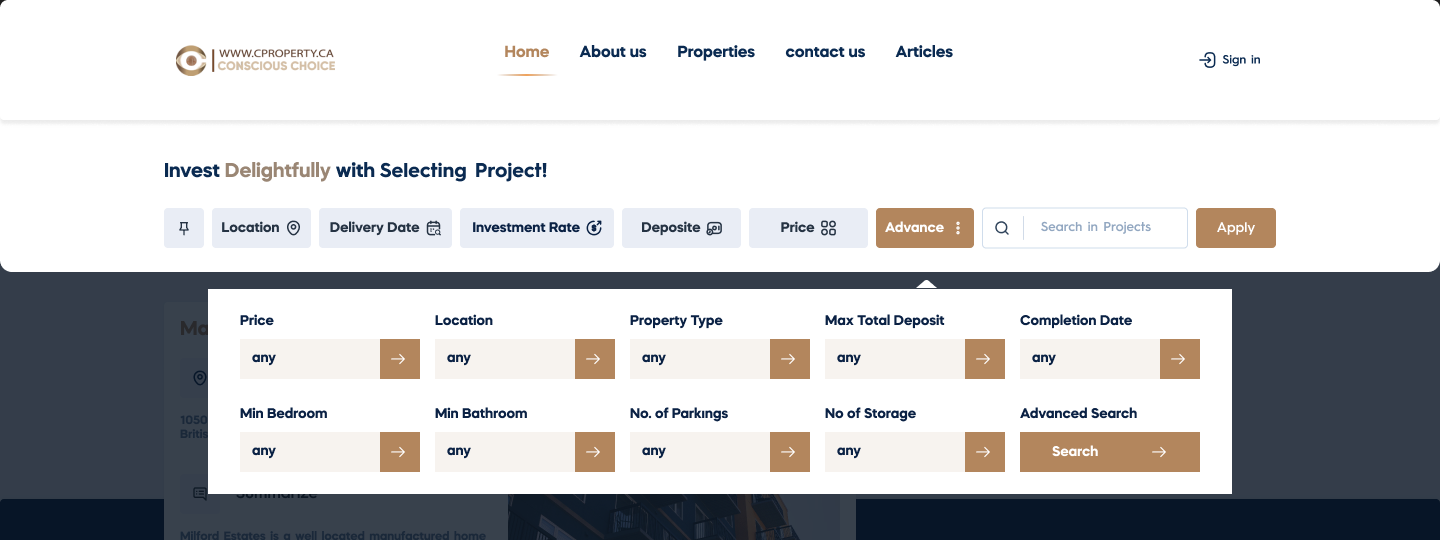 CProperty — the property-list filter bar with the Advanced panel open: property type, maximum deposit, completion date, bedrooms, bathrooms, parking and storage