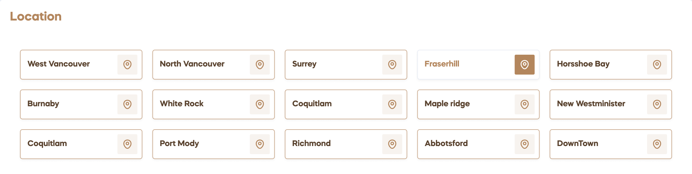 CProperty — the location filter open: fifteen city chips, with Coquitlam listed twice