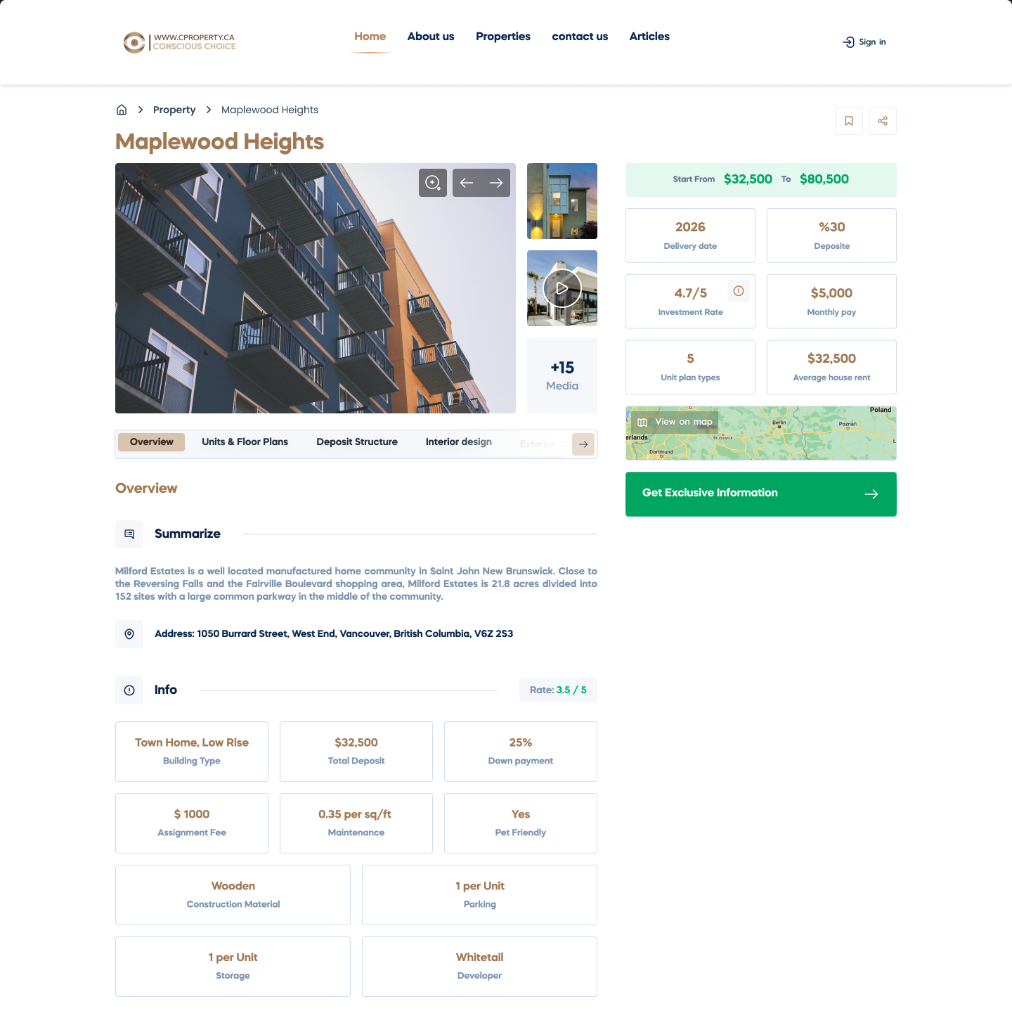 CProperty — the property page on desktop: the gallery, a price band and key figures beside it, the tabs, the overview and the info tiles