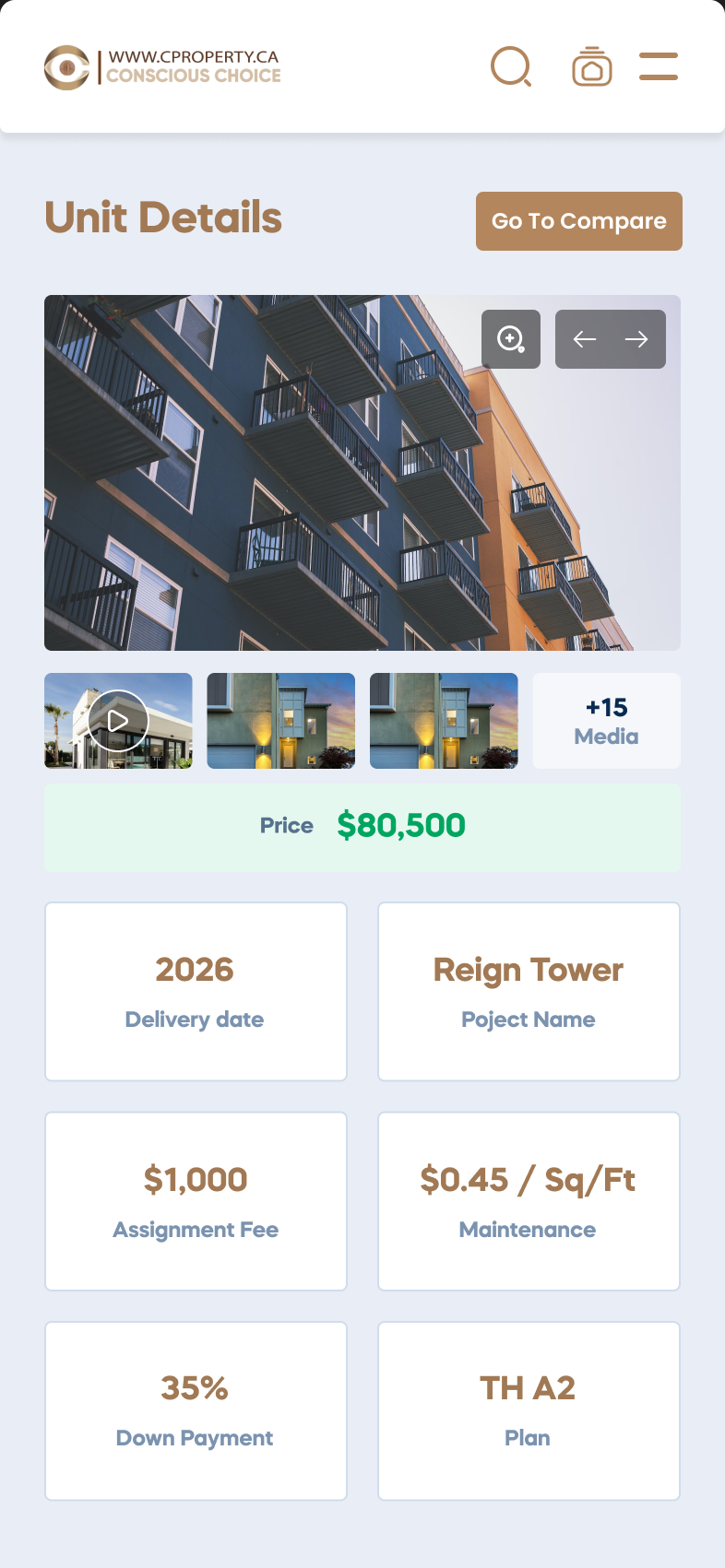 CProperty — unit details on a phone: price, delivery year, project, assignment fee, maintenance per square foot, down payment and plan