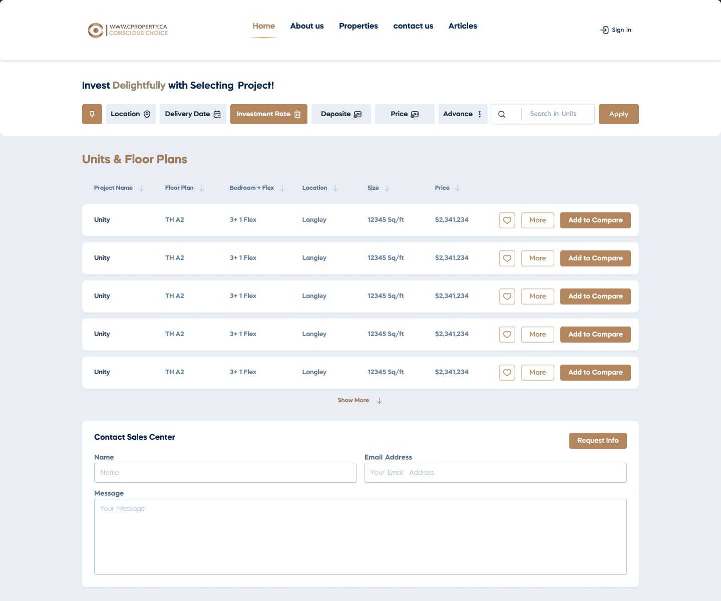 CProperty — the units and floor plans table on desktop, each row with a favourite, More and Add to Compare, above a contact form