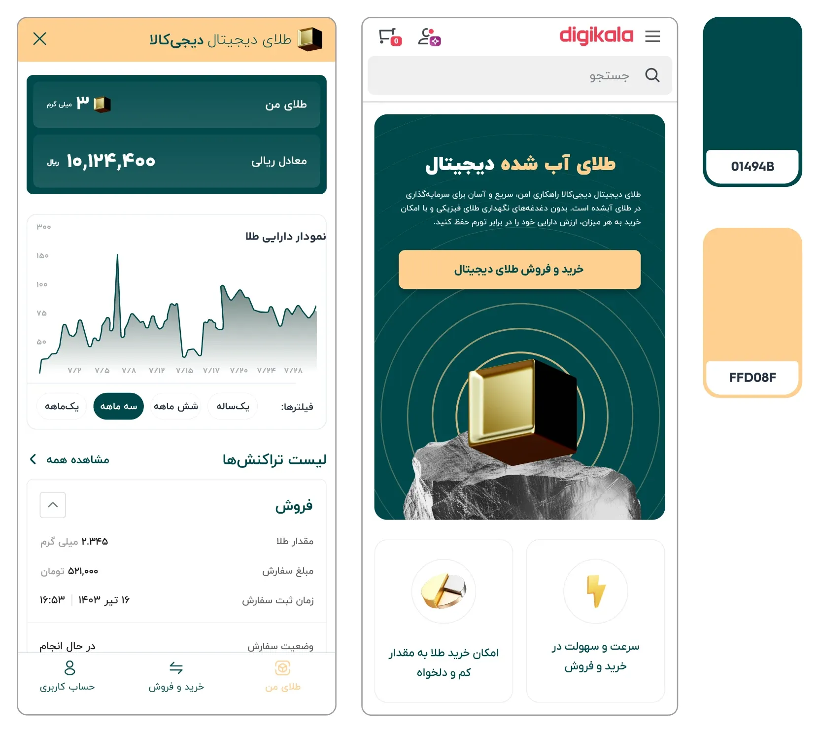 The final colours on the holdings screen and on the digital gold landing page under Digikala’s own header and search, beside swatches for deep teal, 01494B, and soft gold, FFD08F