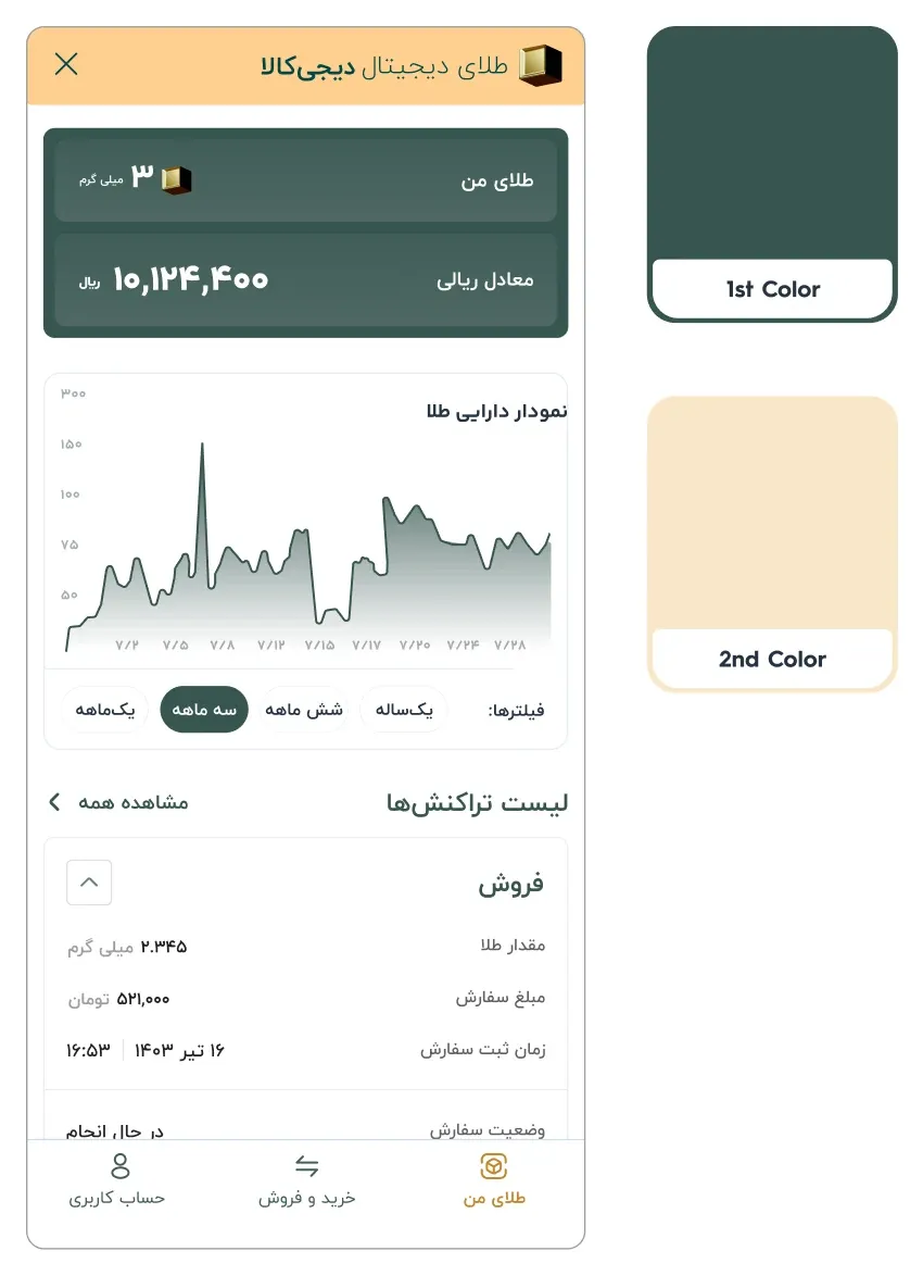 The same holdings screen in royal green, beside swatches for the main colour, royal green, and the second colour, cream