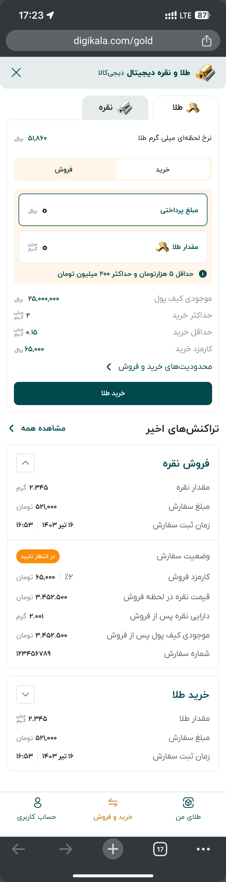 The order screen: the live price per milligram, buy or sell, an amount in rials or a quantity in milligrams, the order limits, and the wallet balance and buy fee above the Buy gold button