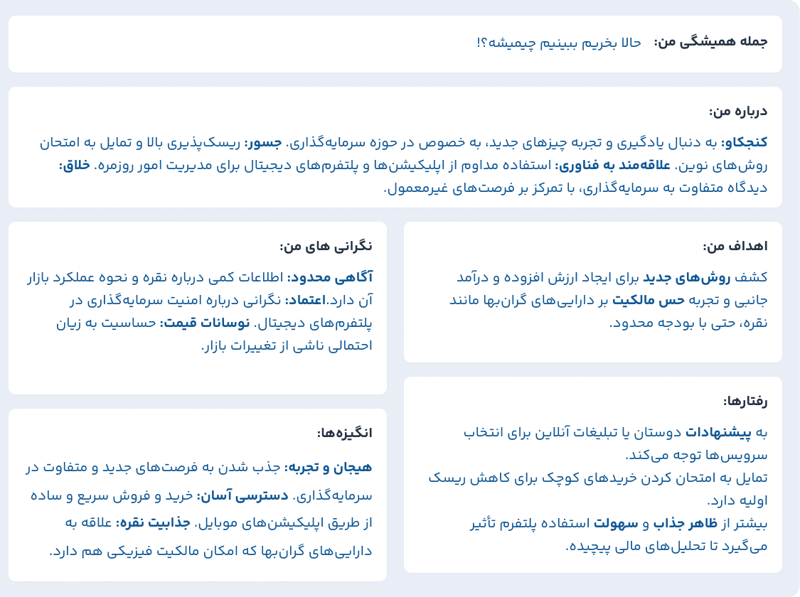 Persona card for the silver extension, in Persian: her always-on line, about her, goals, concerns, motivations and behaviours