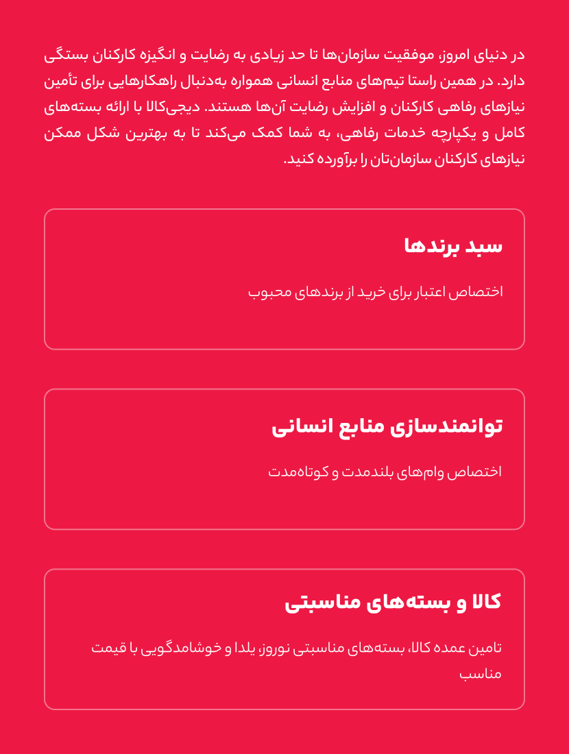 Page 4: the service lines — brand-basket credit, long- and short-term employee loans, bulk goods and Nowruz and Yalda packages
