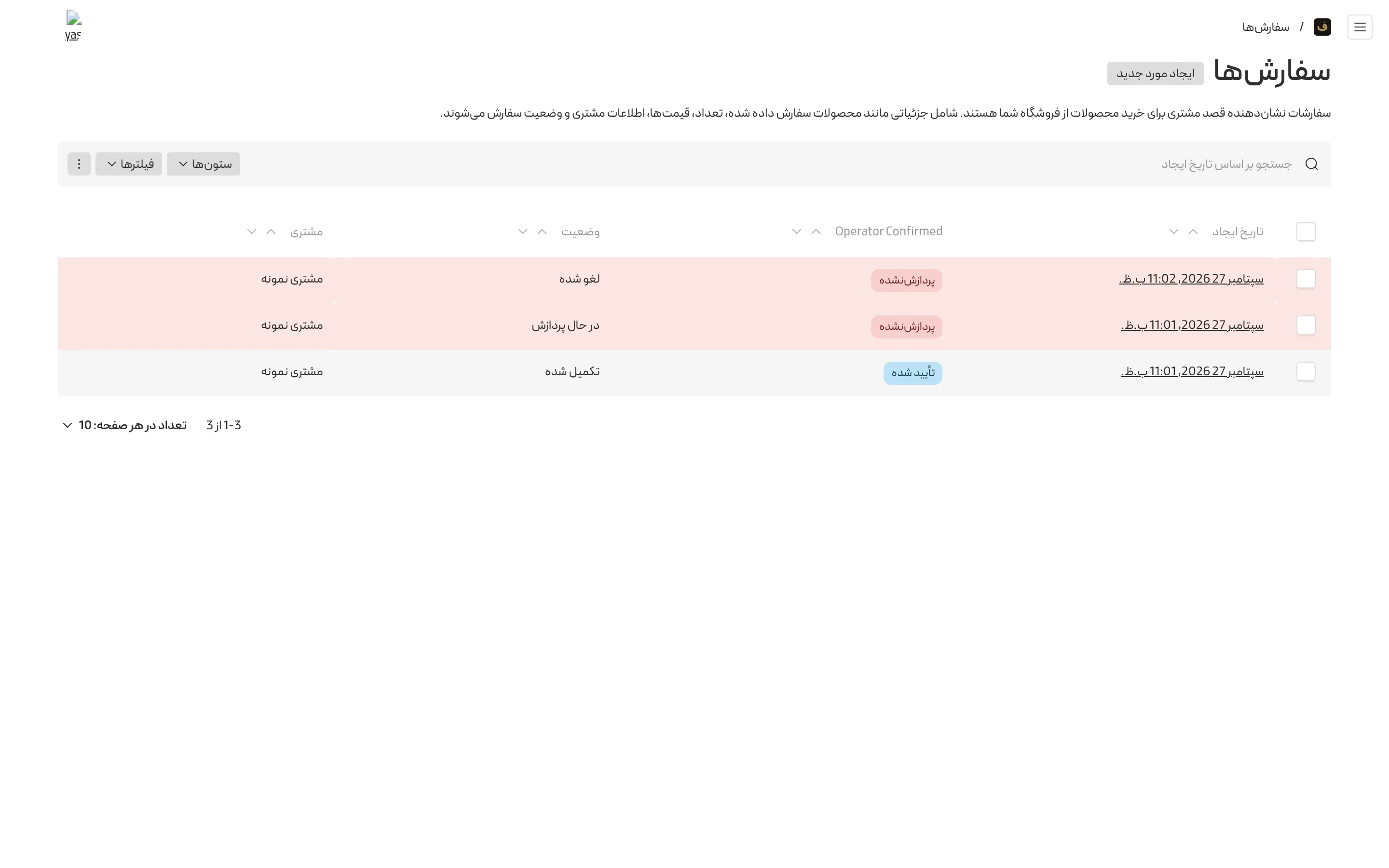 Fayman admin in a local build — the order list with unconfirmed paid orders highlighted in red