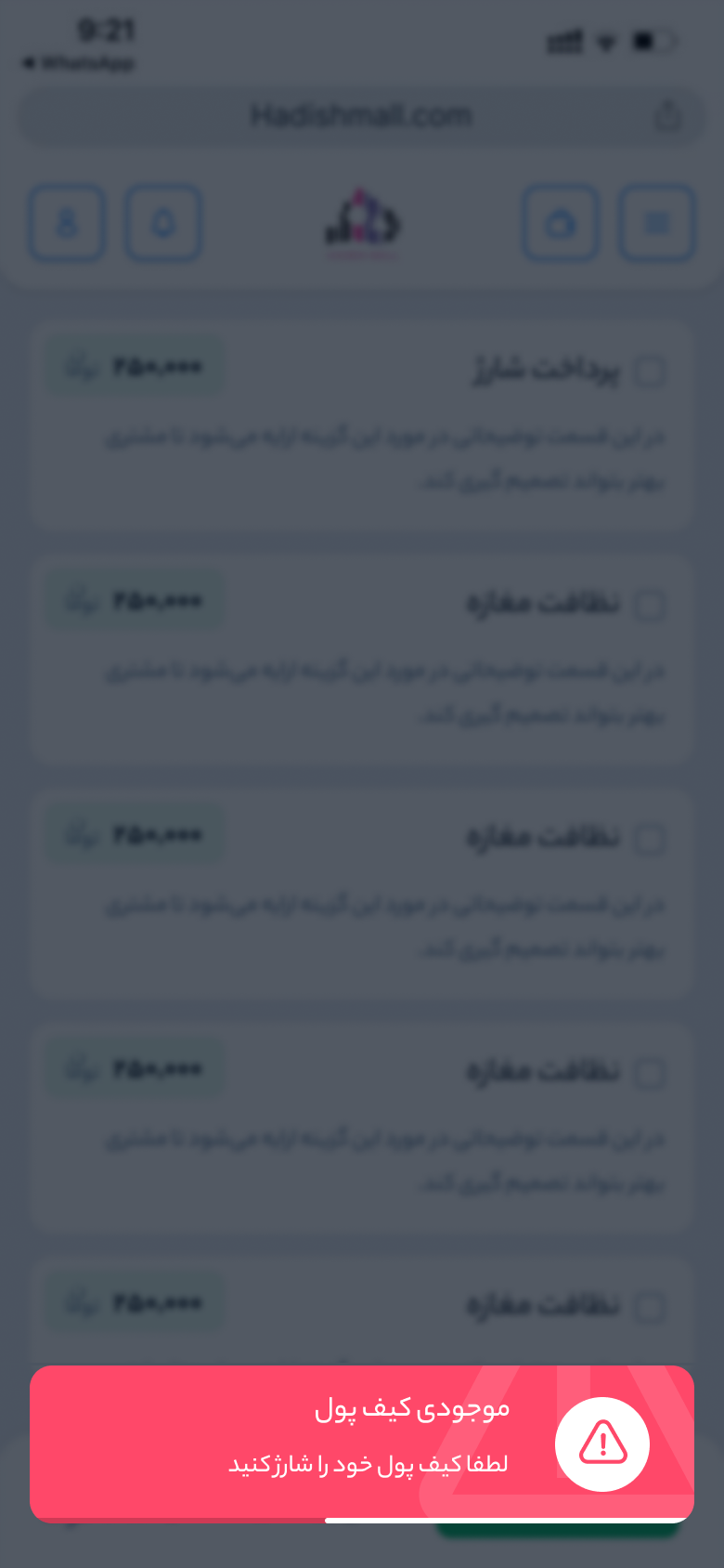 The services screen dimmed behind a red alert on a phone: the wallet balance is too low, please top up