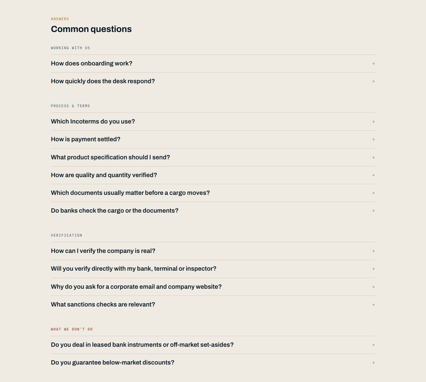 Marqevon on desktop — the FAQ list, closing on a “What we don’t do” group about leased bank instruments and below-market discounts