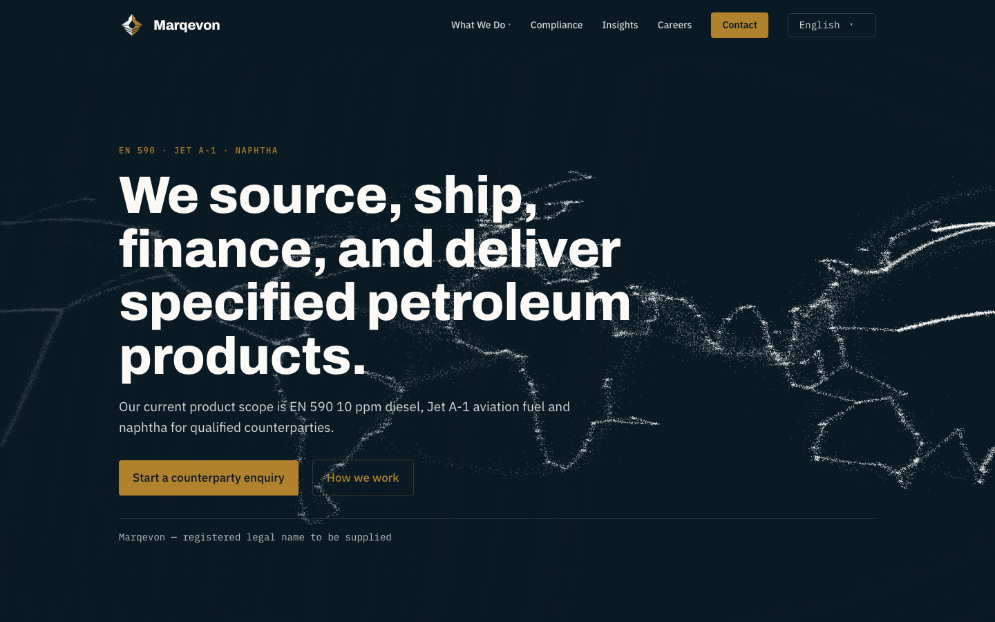 Marqevon on desktop — the English home page, “We source, ship, finance, and deliver specified petroleum products”, over a map of shipping lanes