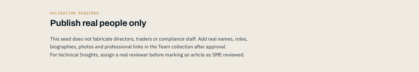 Marqevon on desktop — a note in place of a team: named people are published only after business and legal validation