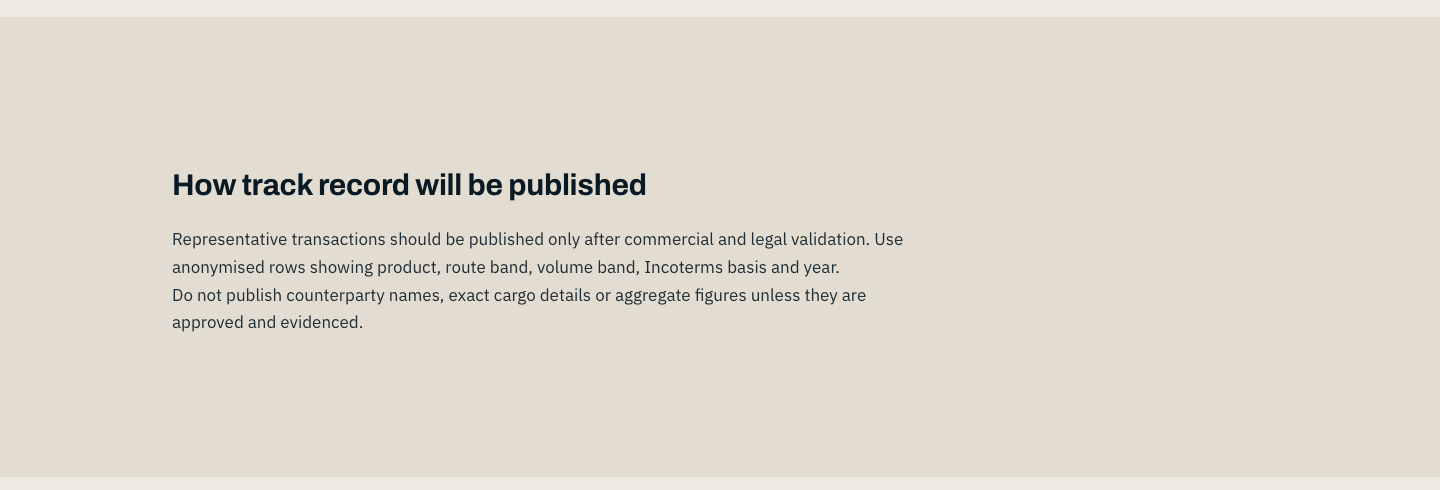 Marqevon on desktop — the rule for publishing a track record: only after commercial and legal validation, without counterparty names