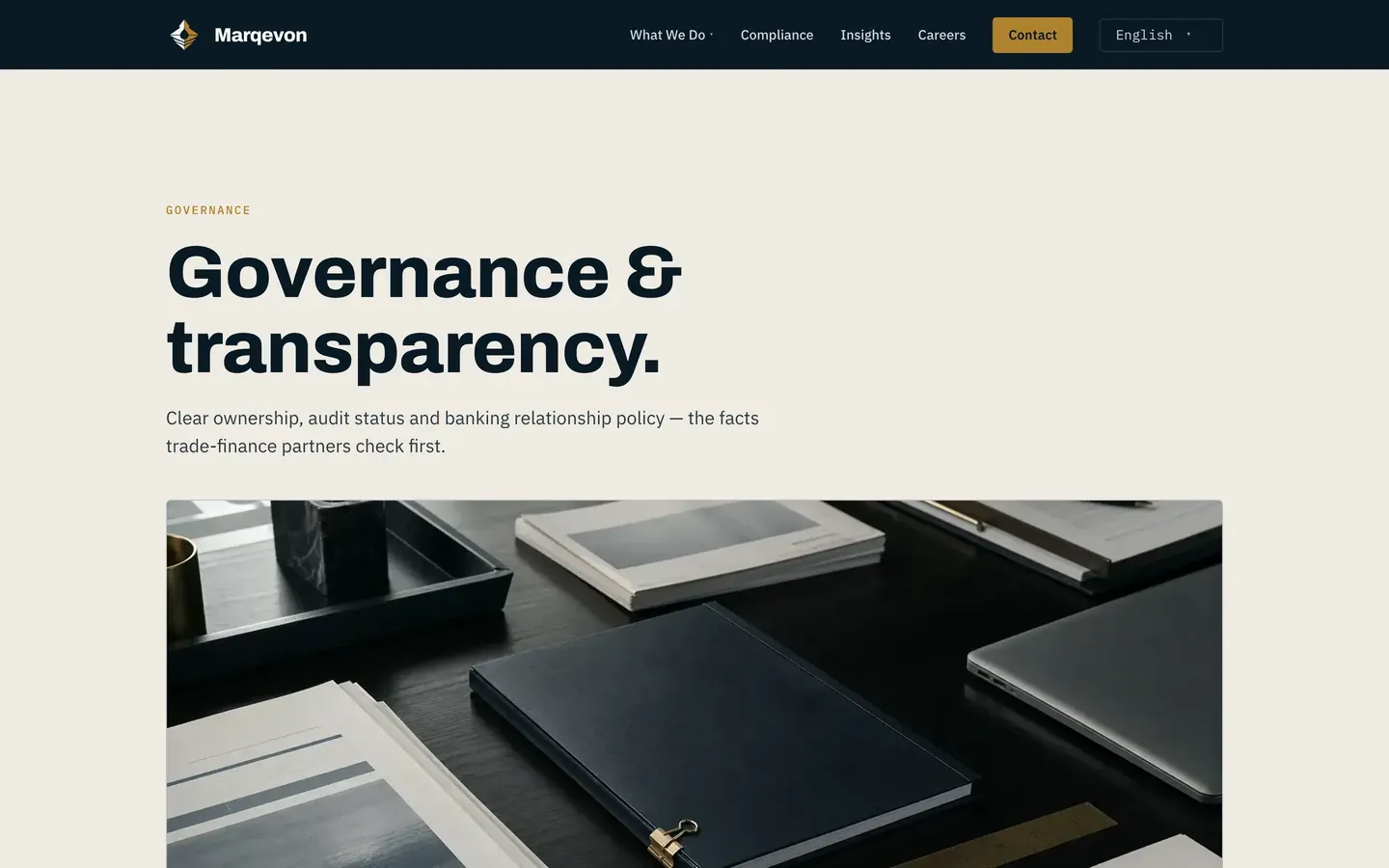 Marqevon on desktop — Governance, the first screen