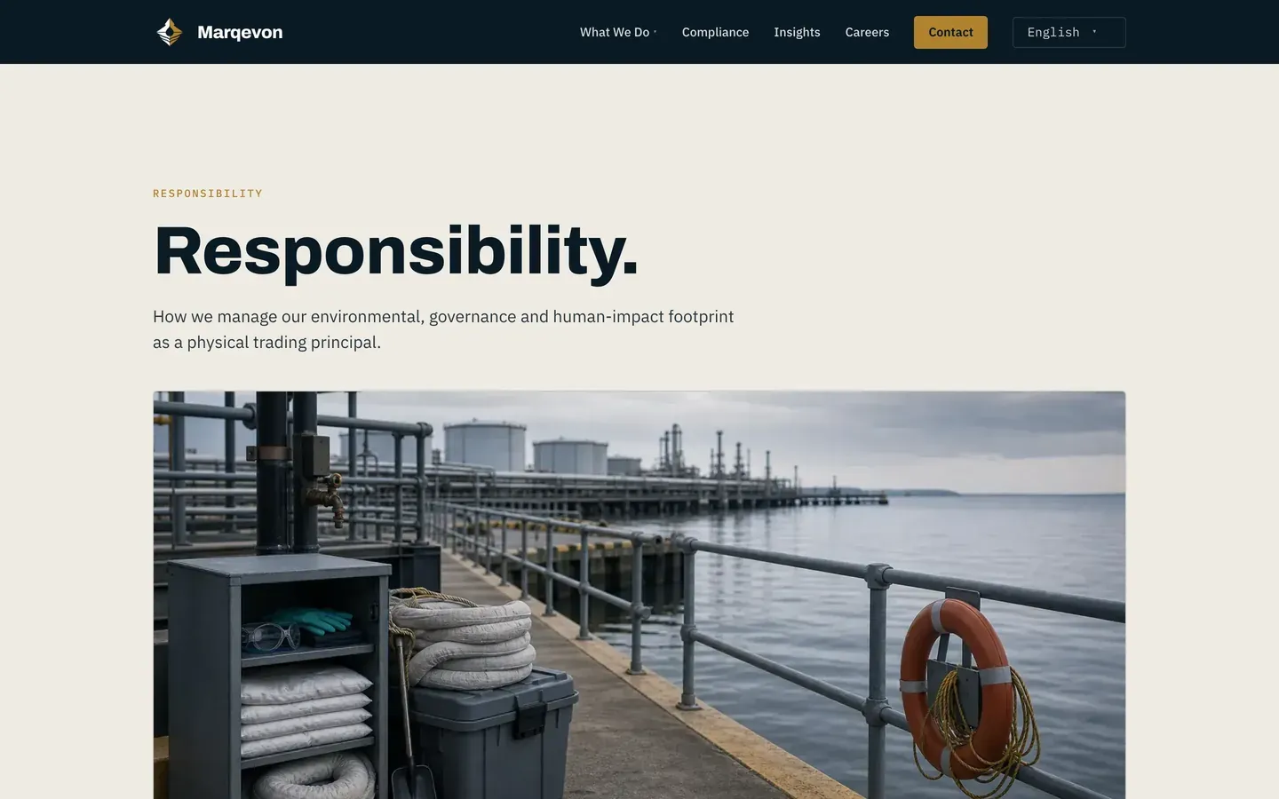Marqevon on desktop — Responsibility, the first screen