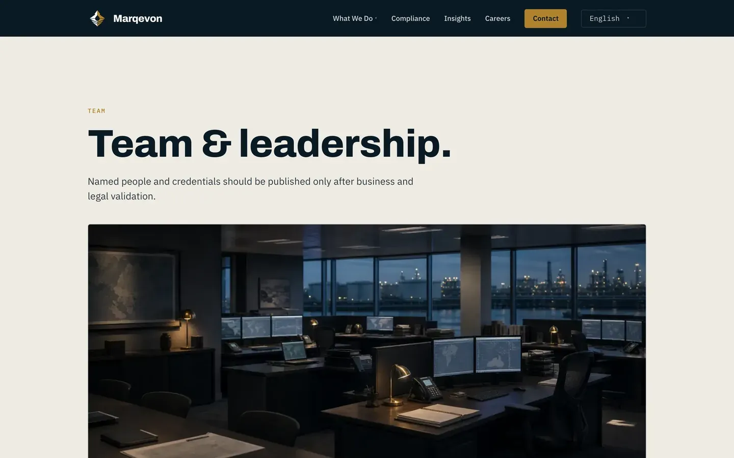 Marqevon on desktop — Team & leadership, the first screen