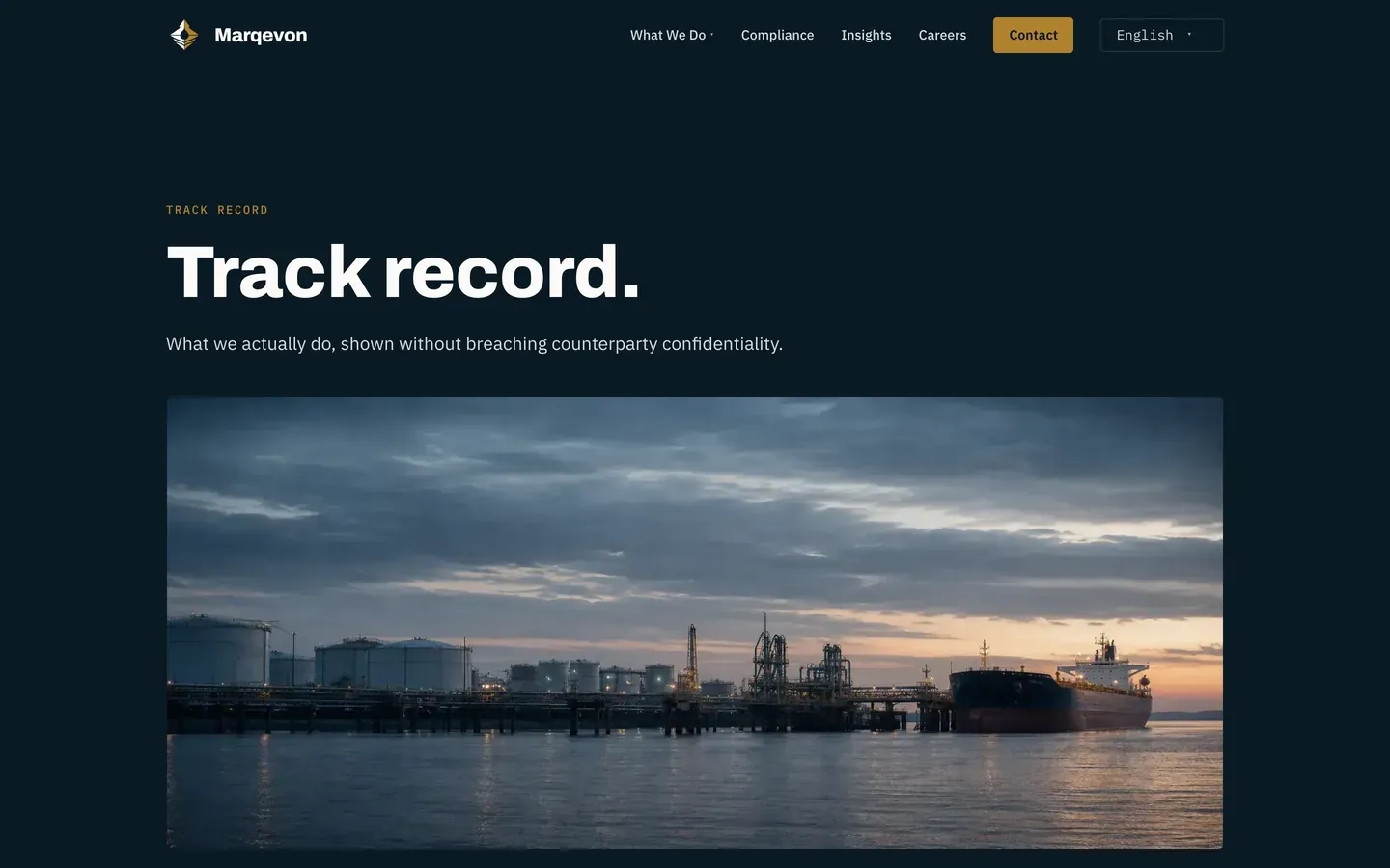 Marqevon on desktop — Track record, the first screen