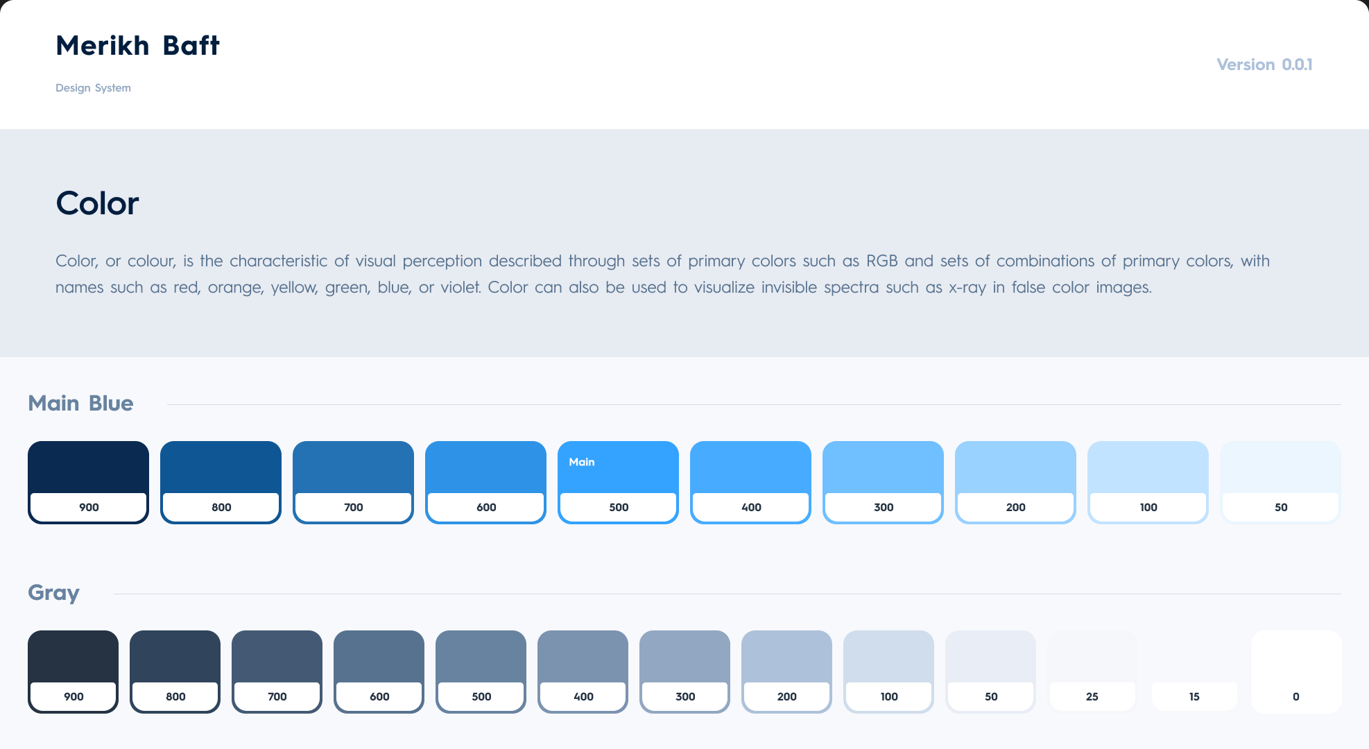 Merikh Baft design system, version 0.0.1 — the main blue ramp and the grey ramp