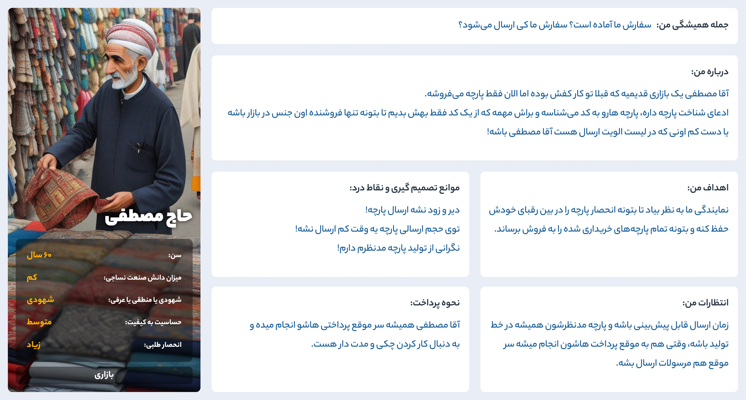 Merikh Baft persona sheet for Haj Mostafa, a 60-year-old bazaar trader: an AI-generated portrait of an older man holding a patterned fabric at a market stall, his age and ratings, and six boxes of text in Persian