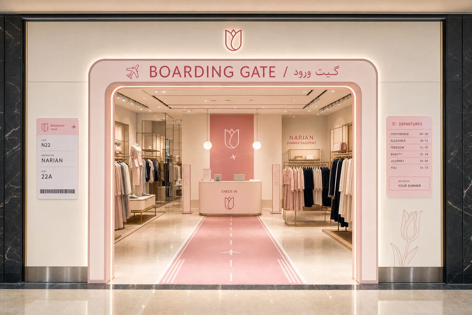 Concept render of a flagship front: a pink Boarding gate arch over the entrance, a boarding pass panel and a departures board, with a runway leading to check-in